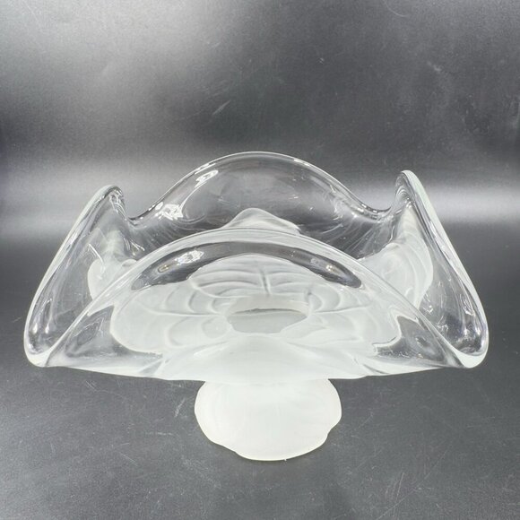 Viking Art Glass Epic Leaf Compote in Crystal Satin Frosted Clear Dish Bowl VTG - Picture 11 of 13